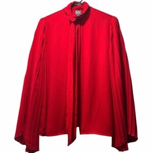 Worthington Red Pleated Flare Long Sleeve Button Down Sheer Top Dressy Medium